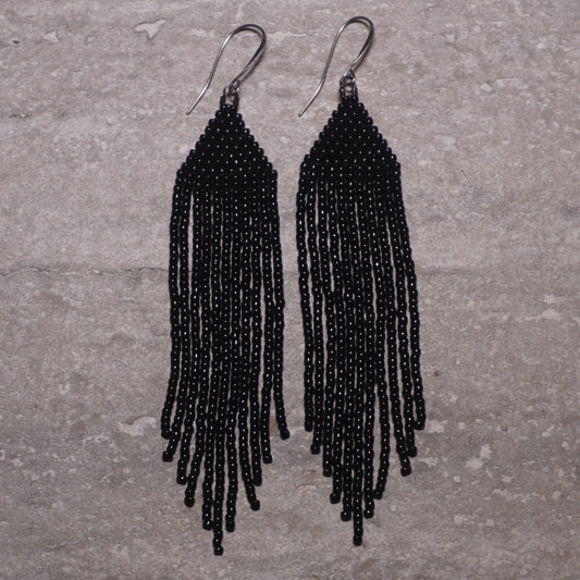 Black Brick Stitch Fringe Beaded Earrings