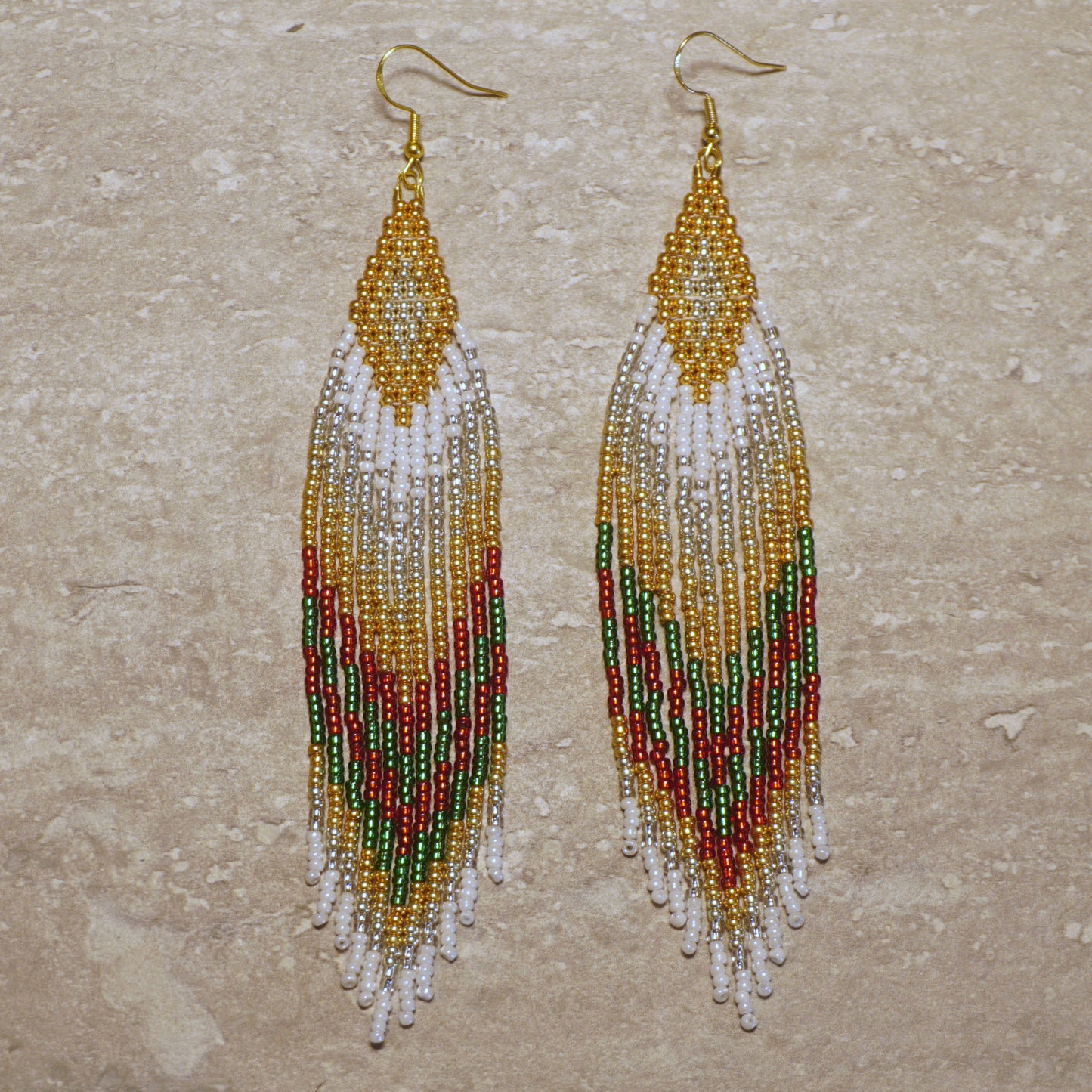 White Gold Diamond Brick Stitch Fringe Beaded Earrings