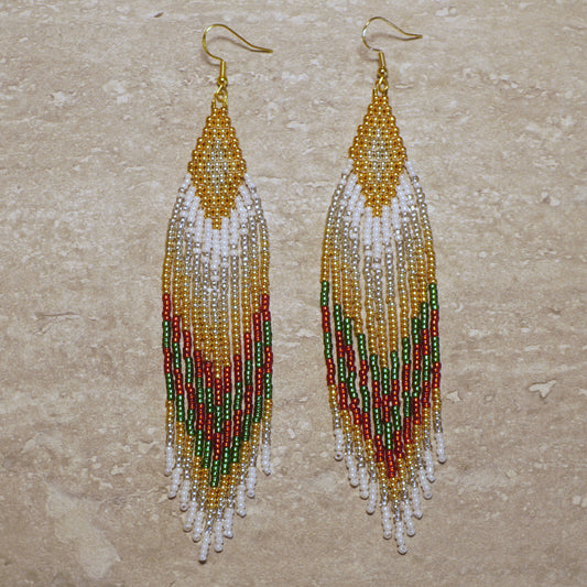 White Gold Diamond Brick Stitch Fringe Beaded Earrings