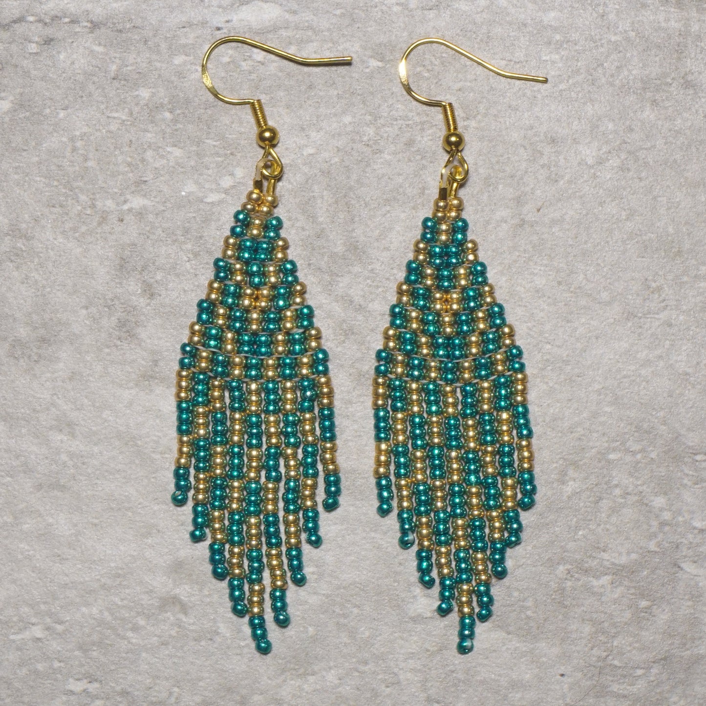 Green Gold Chevron Brick Stitch Fringe Beaded Earrings