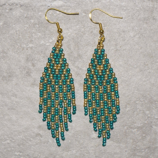 Green Gold Chevron Brick Stitch Fringe Beaded Earrings