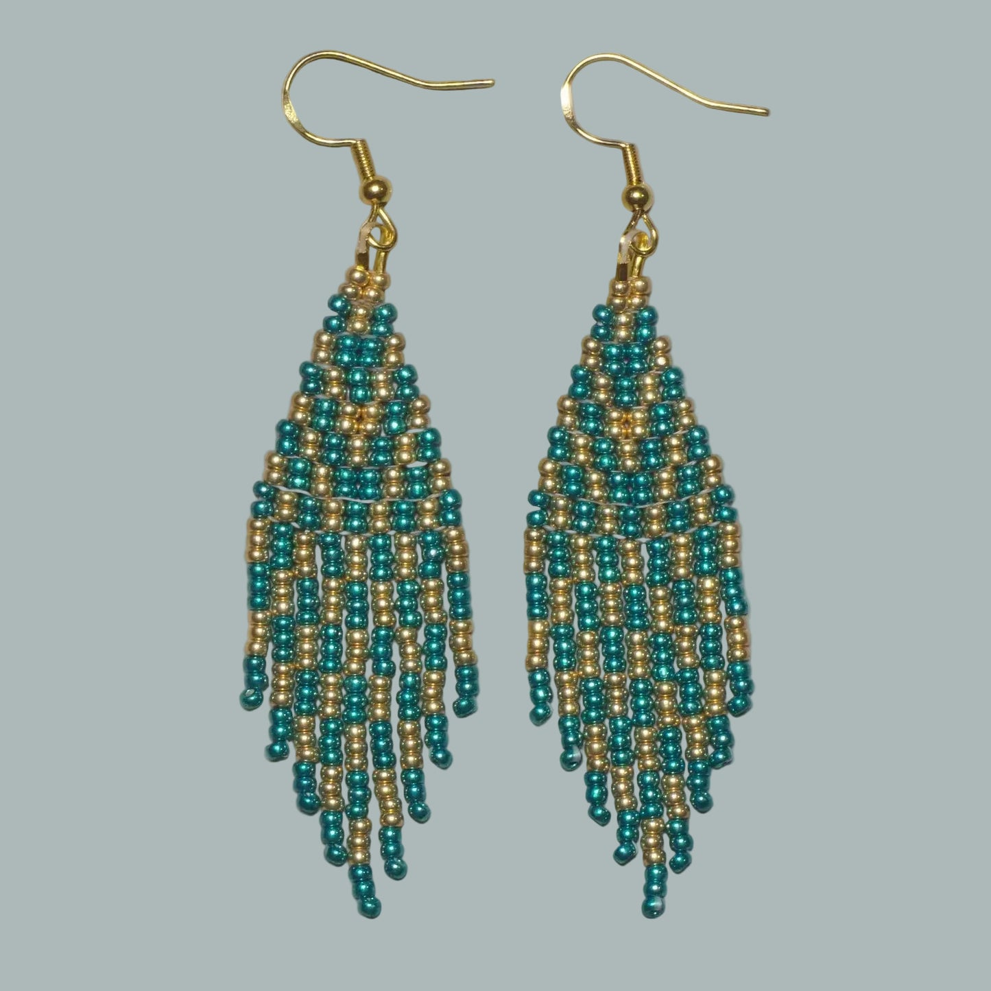 Green Gold Chevron Brick Stitch Fringe Beaded Earrings