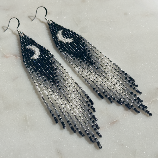 Hvresse Ēkkocē (Smokey Moon) Brick Stitch Fringe Beaded Earrings