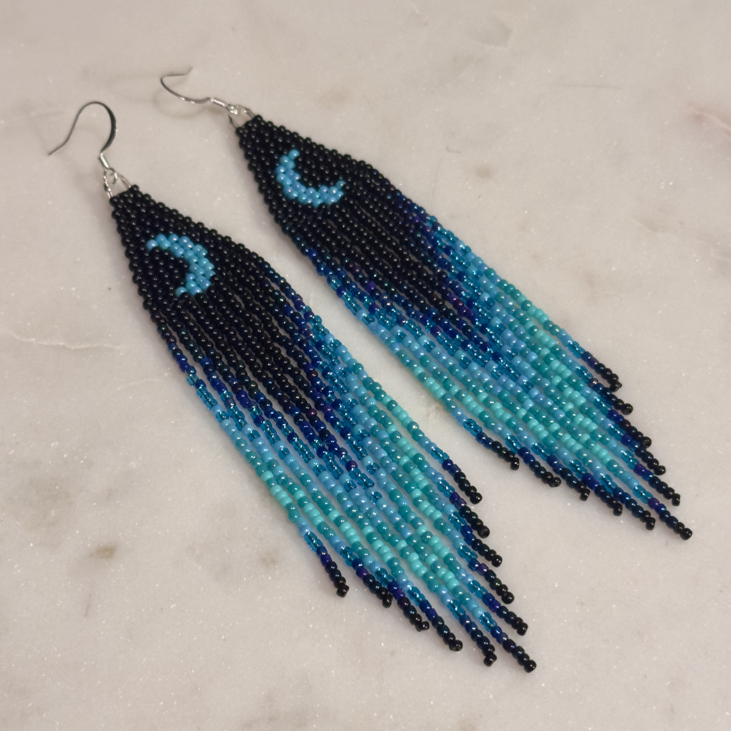 Hvrēssē Holatte (Blue Moon) Brick Stitch Fringe Beaded Earrings