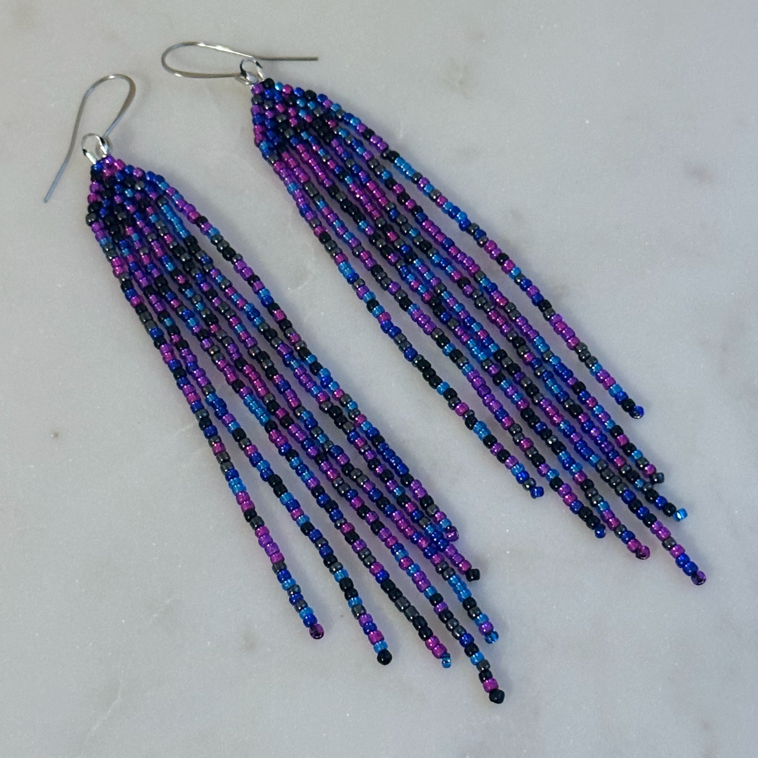 Nerē (Night) Bead Soup (Minis) Brick Stitch Fringe Beaded Earrings