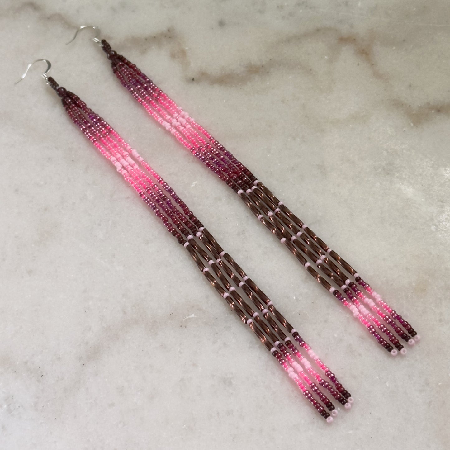 Oskē Catē omē (Pink Rainfall) Beaded Dangle Earrings