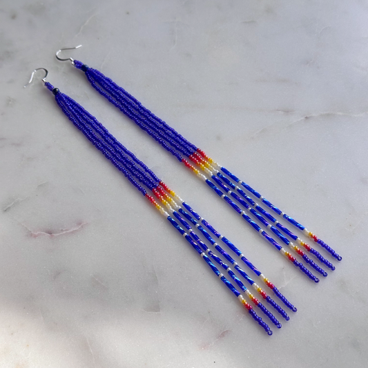 Oskē Heleswv Holatte (Blue Medicine Rainfall) Beaded Dangle Earrings