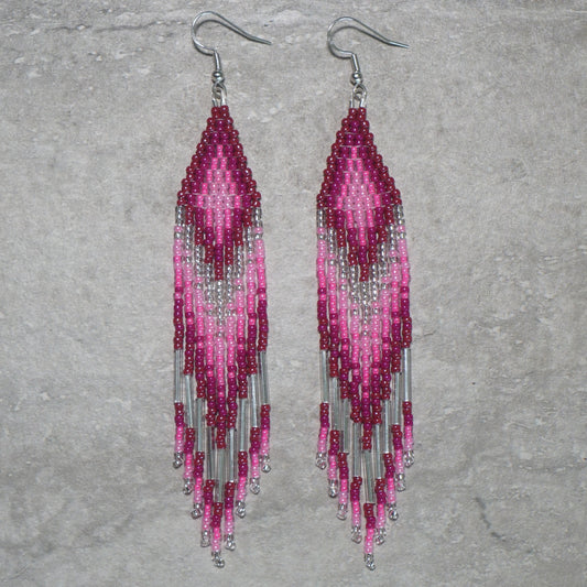 Pink Arrow Brick Stitch Fringe Beaded Earrings