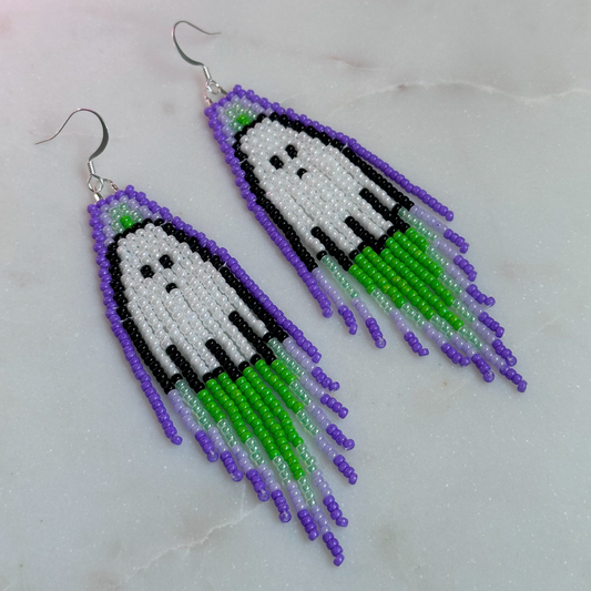 Poyvfekcv Lanē (Green Ghost) Brick Stitch Fringe Beaded Earrings