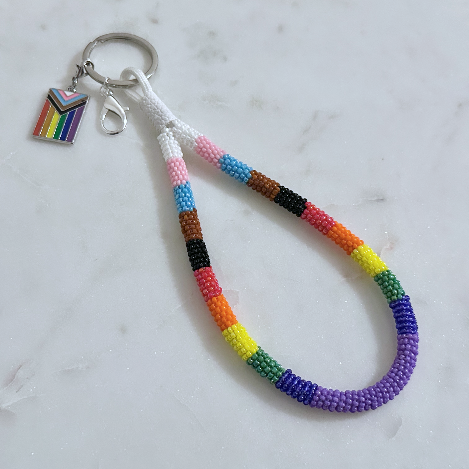 Progress Pride Flag Bead-Wrapped Wristlet Keychain