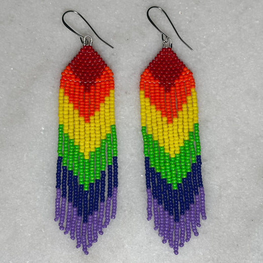 Rainbow Pride Arrow Brick Stitch Fringe Beaded Earrings