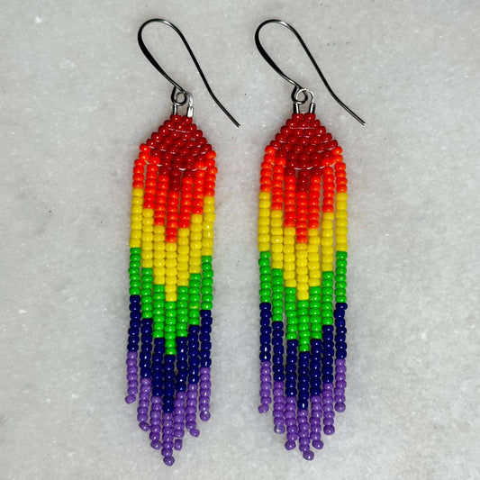 Rainbow Pride Arrow (Minis) Brick Stitch Fringe Beaded Earrings