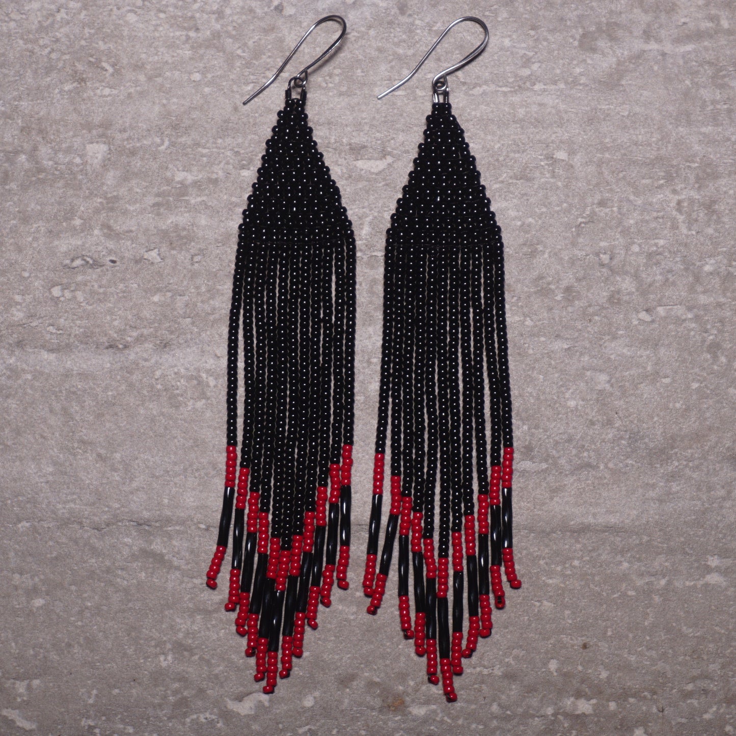 Red Black Arrow Brick Stitch Fringe Beaded Earrings
