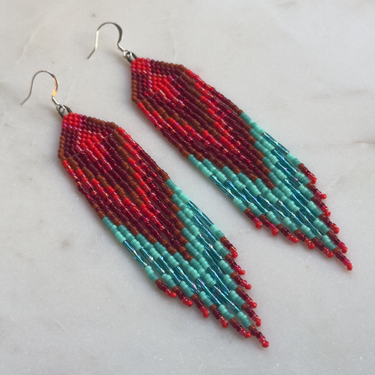 Rvfo Hakof Okholattē (Turquoise Autumn) Brick Stitch Fringe Beaded Earrings