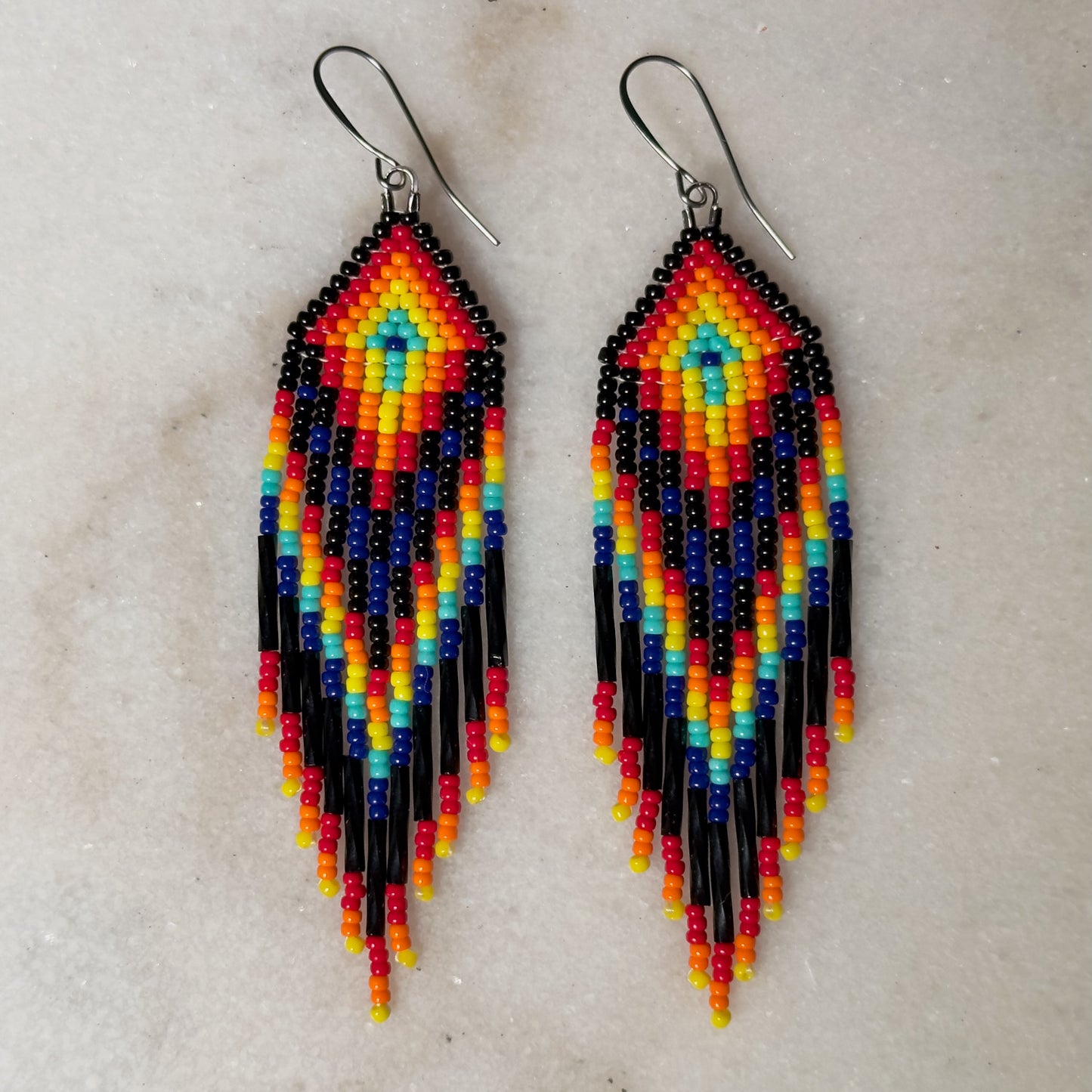 Totkv-ton Owv (Fire and Water) Rainstorm Brick Stitch Fringe Beaded Earrings