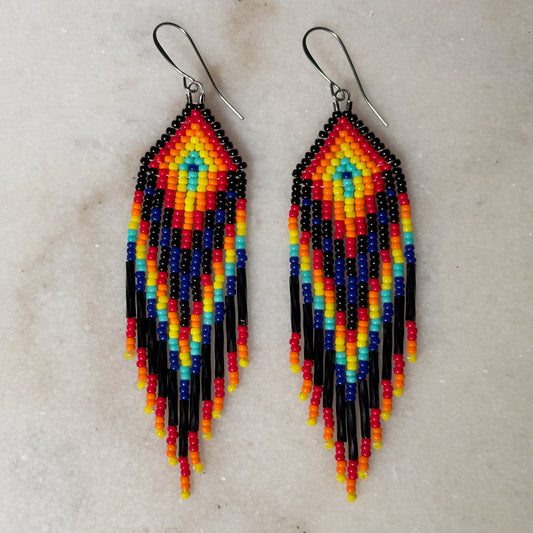Totkv-ton Owv (Fire and Water) Rainstorm Brick Stitch Fringe Beaded Earrings