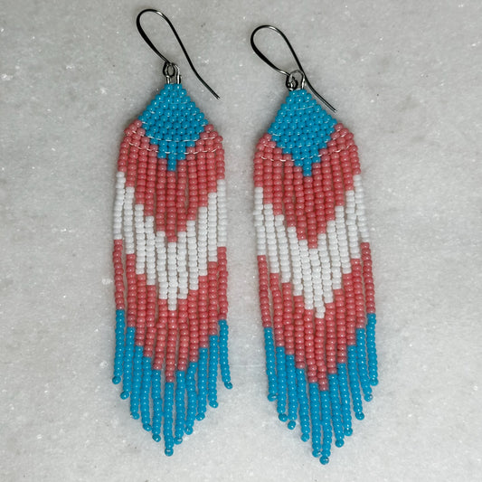 Trans Pride Arrow Brick Stitch Fringe Beaded Earrings