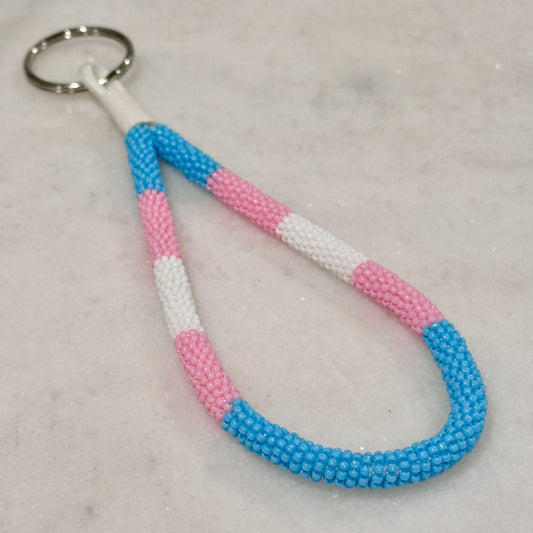 Trans Pride Bead-Wrapped Wristlet Keychain