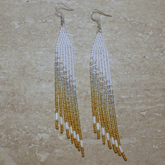 White Gold (Minis) Brick Stitch Fringe Beaded Earrings