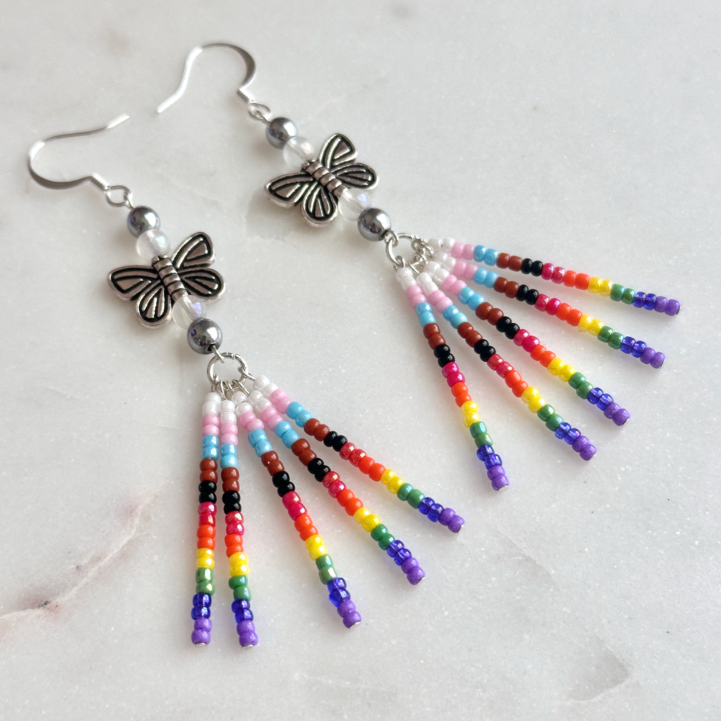 Progress Pride Tvffolopv (Butterfly) Beaded Drop Earrings