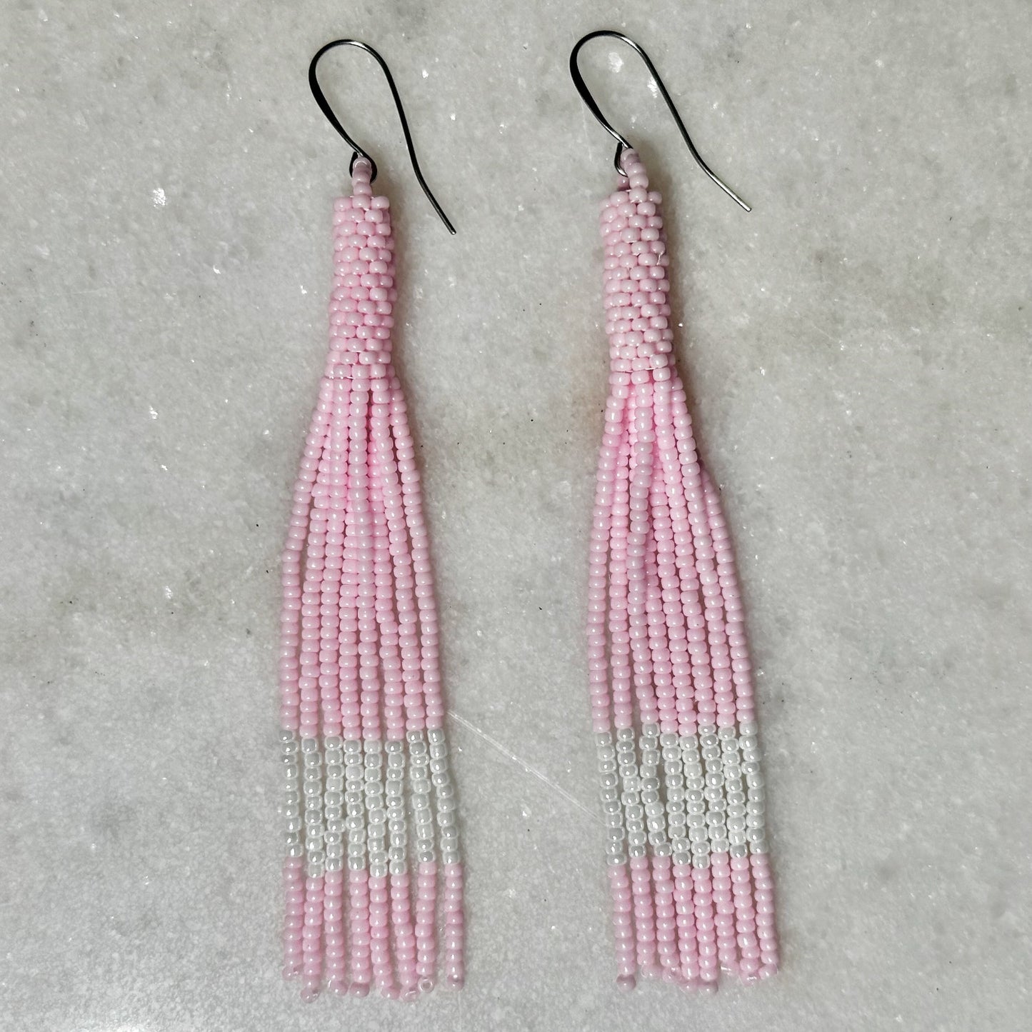 Blush Pink Pearl Peyote Stitch Beaded Tassel Earrings