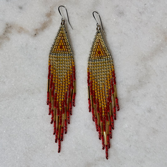 Flaming Golden Arrow Brick Stitch Fringe Beaded Earrings