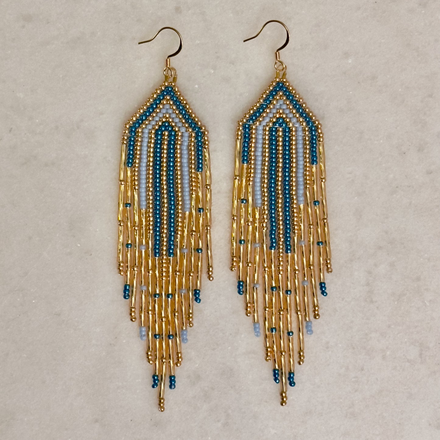 Holatte (Blue) Lane (Gold) Brick Stitch Fringe Beaded Earrings