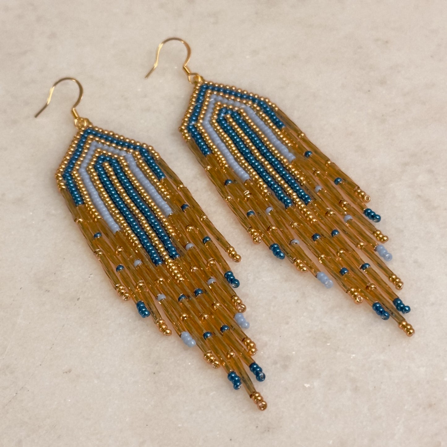 Holatte (Blue) Lane (Gold) Brick Stitch Fringe Beaded Earrings