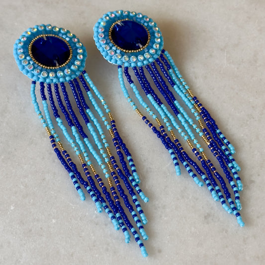 Holatte (Blue) Lane (Gold) Flat Beadwork Fringe Earrings