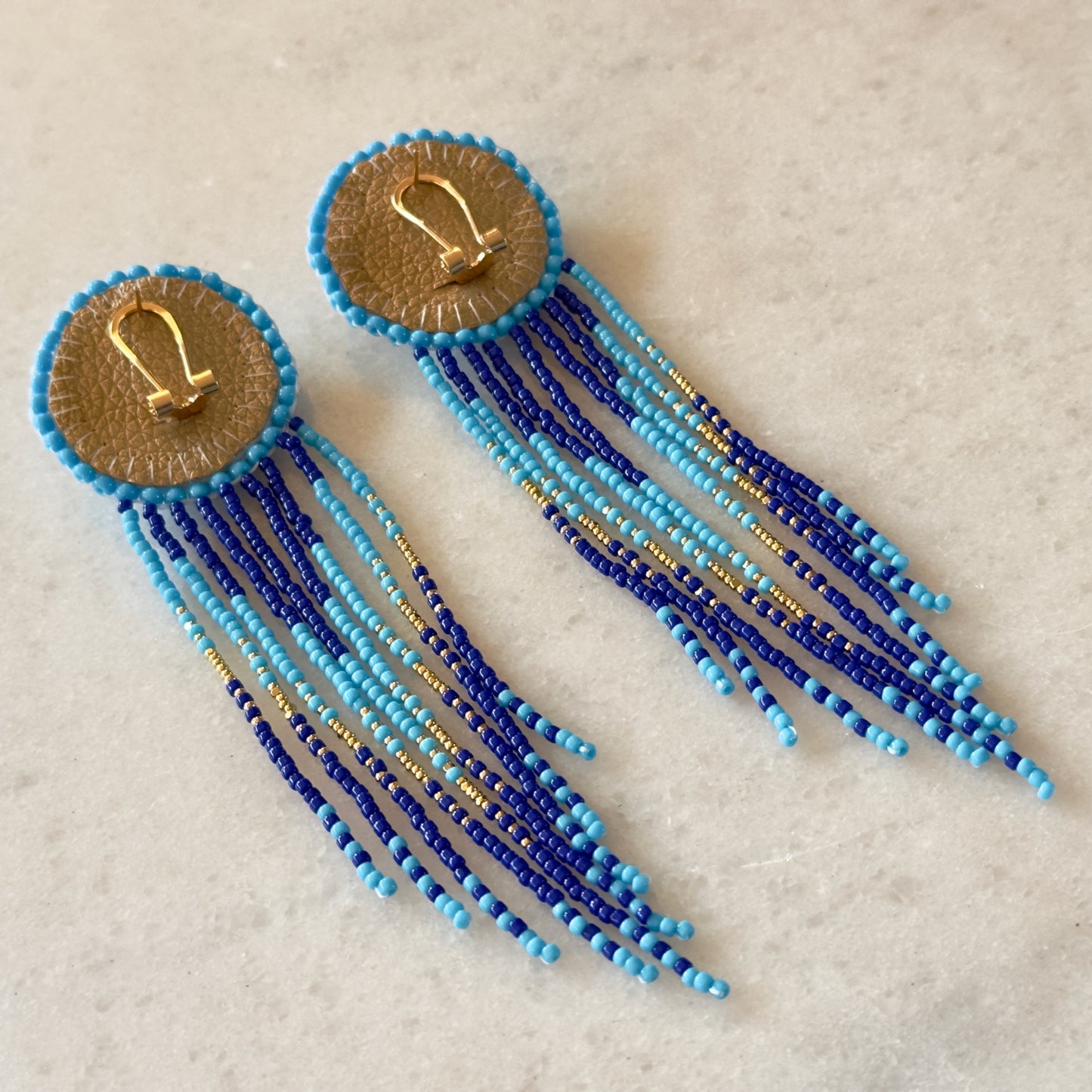 Holatte (Blue) Lane (Gold) Flat Beadwork Fringe Earrings