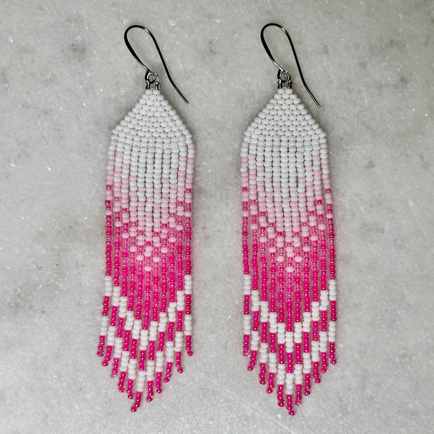 Hot Pink Dreams Chevron Brick Stitch Fringe Beaded Earrings