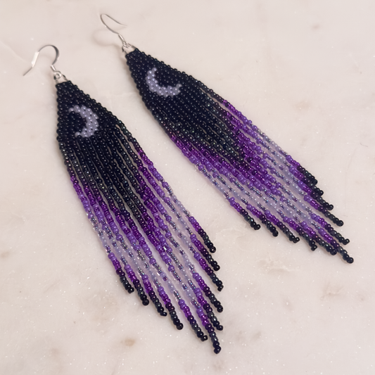 Hvrēssē Pvrko Ome (Purple Moon) Brick Stitch Fringe Beaded Earrings