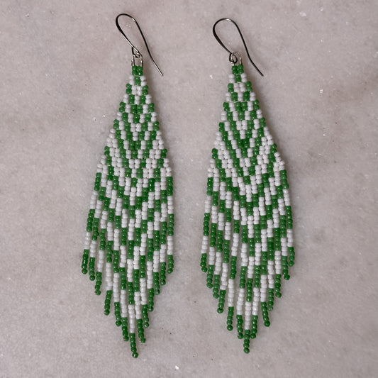 Minty Green Chevron Brick Stitch Fringe Beaded Earrings