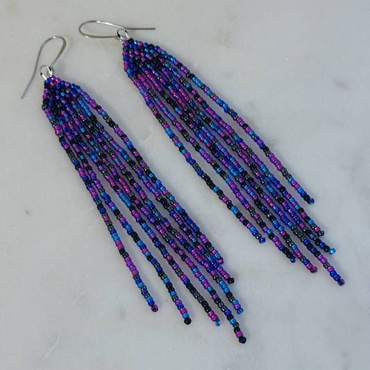 Nerē (Night) Bead Soup (Minis) Brick Stitch Fringe Beaded Earrings