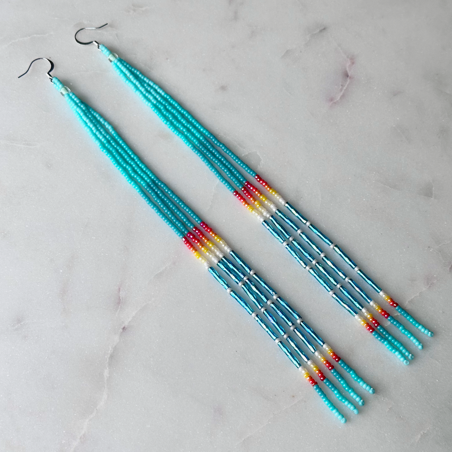 Oskē Heleswv Okholatte (Turquoise Medicine Rainfall) Beaded Dangle Earrings