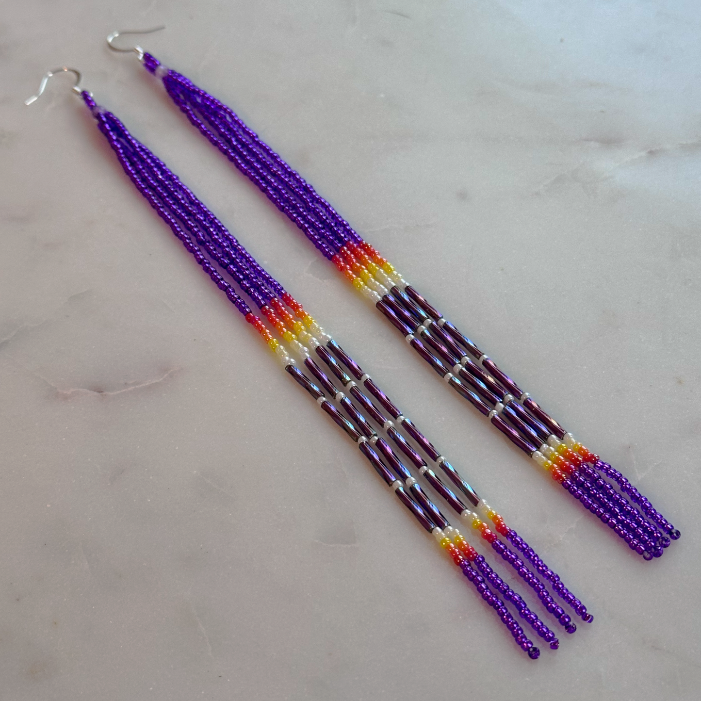 Oskē Heleswv Pvrko Omē (Purple Medicine Rainfall) Beaded Dangle Earrings