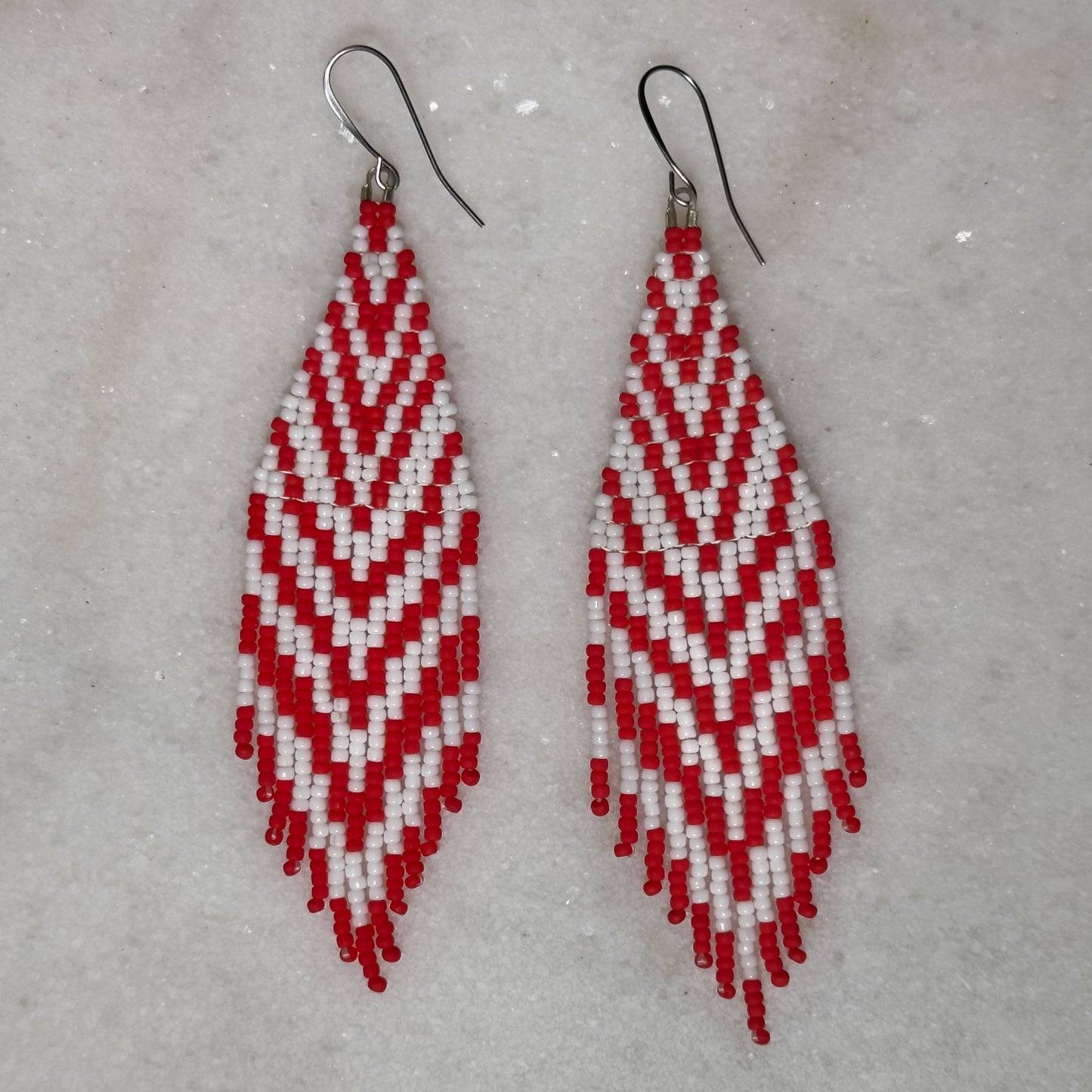 Peppermint Red Chevron Brick Stitch Fringe Beaded Earrings