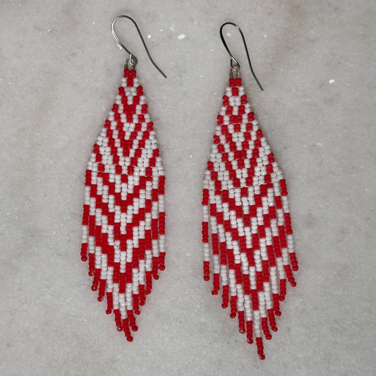 Peppermint Red Chevron Brick Stitch Fringe Beaded Earrings