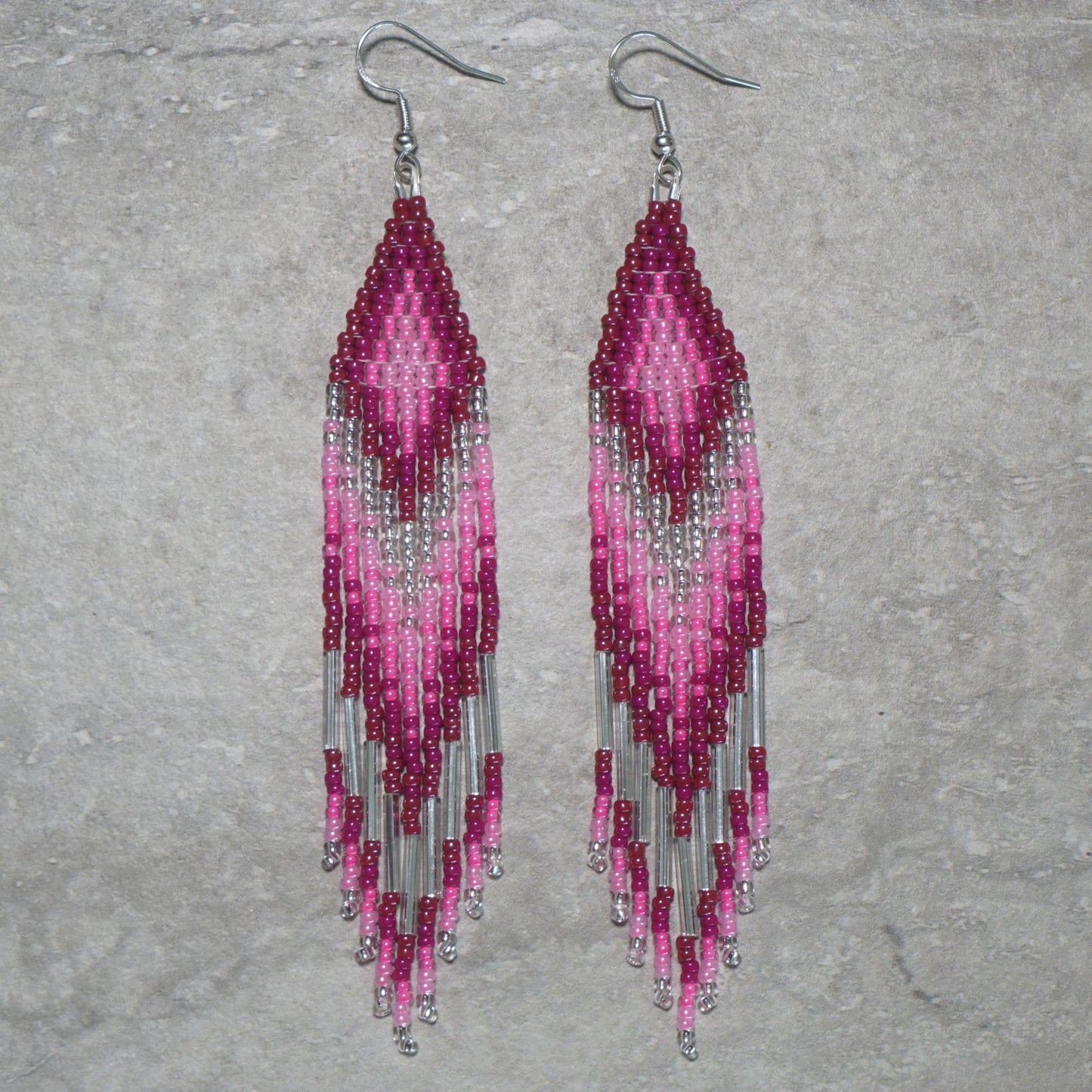 Pink Arrow Brick Stitch Fringe Beaded Earrings