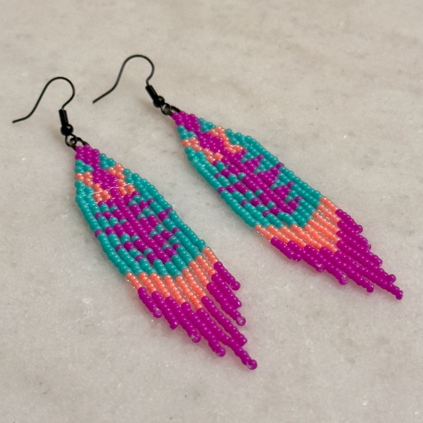 Pink Triangles Brick Stitch Fringe Beaded Earrings