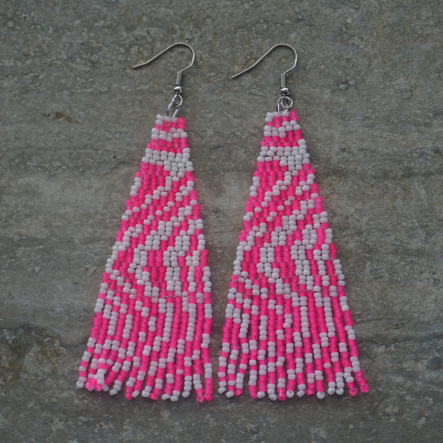 Pink Waves Brick Stitch Fringe Beaded Earrings