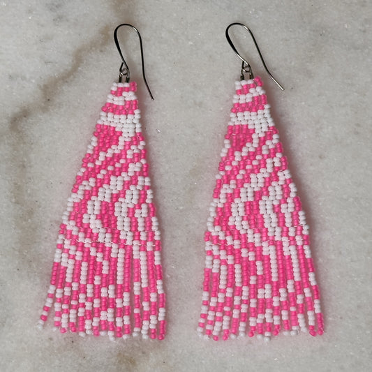 Pink Waves Brick Stitch Fringe Beaded Earrings