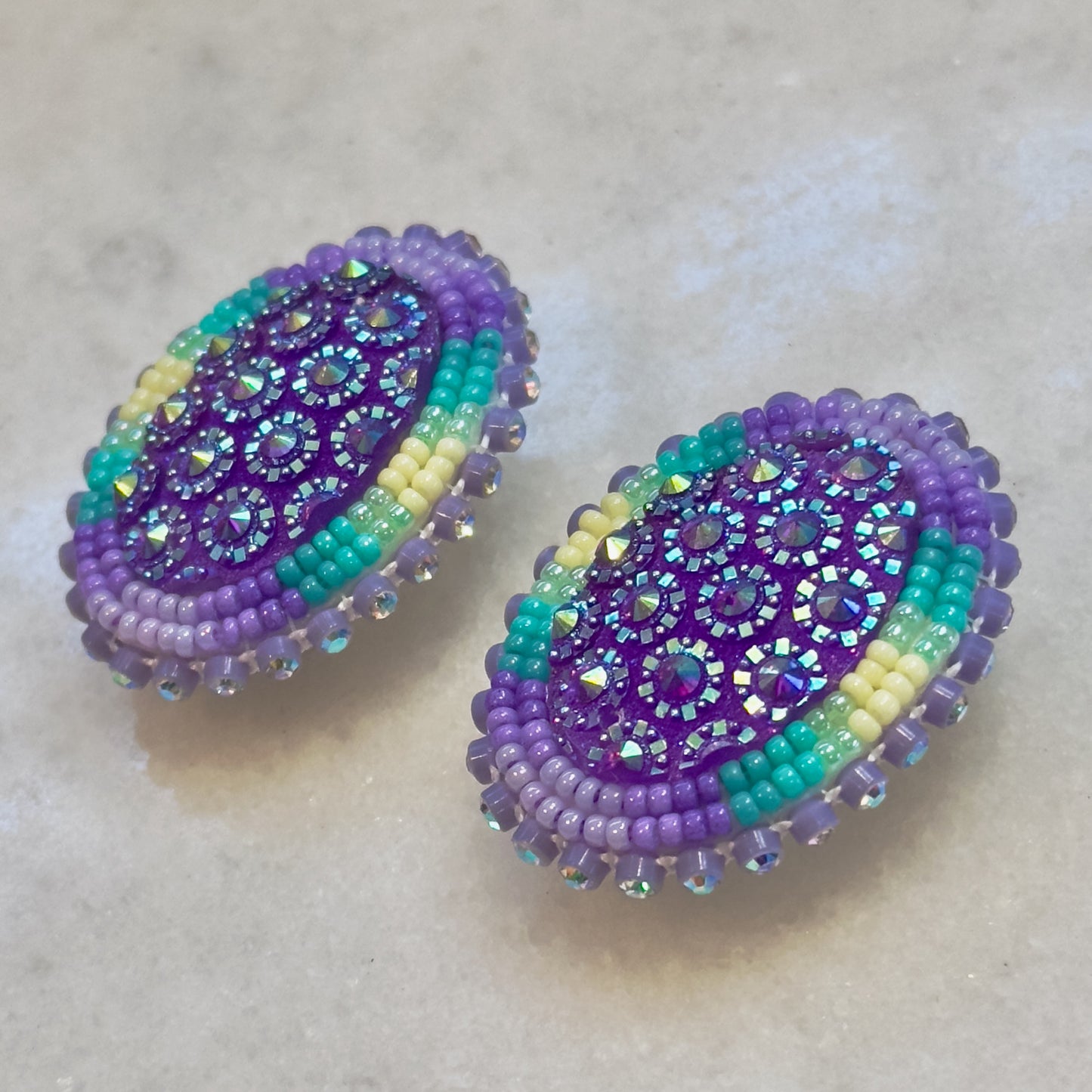 Pvrko ome (Purple) Okholatte (Turquoise) Flat Beadwork Earrings