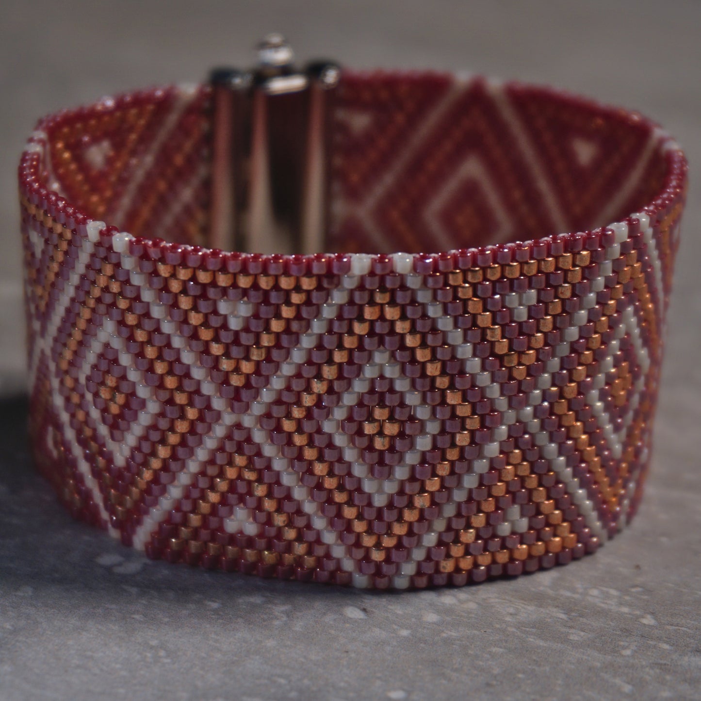 Red Copper Diamonds Peyote Stitch Beaded Bracelet