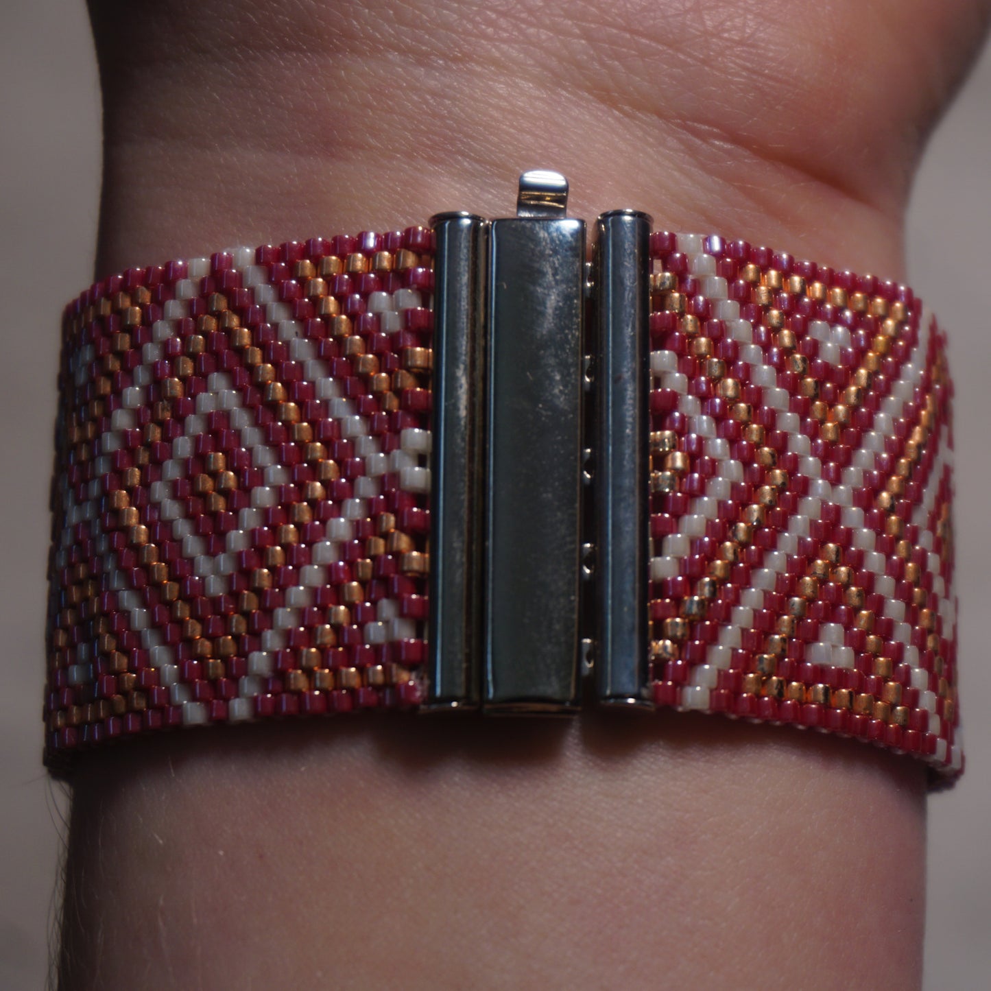 Red Copper Diamonds Peyote Stitch Beaded Bracelet