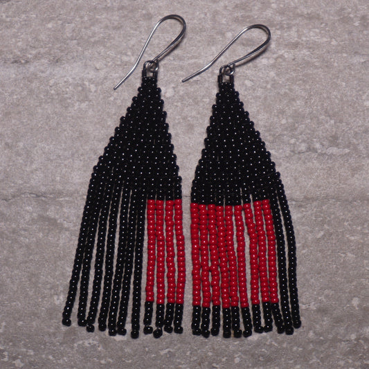 Red On Black Brick Stitch Fringe Beaded Earrings