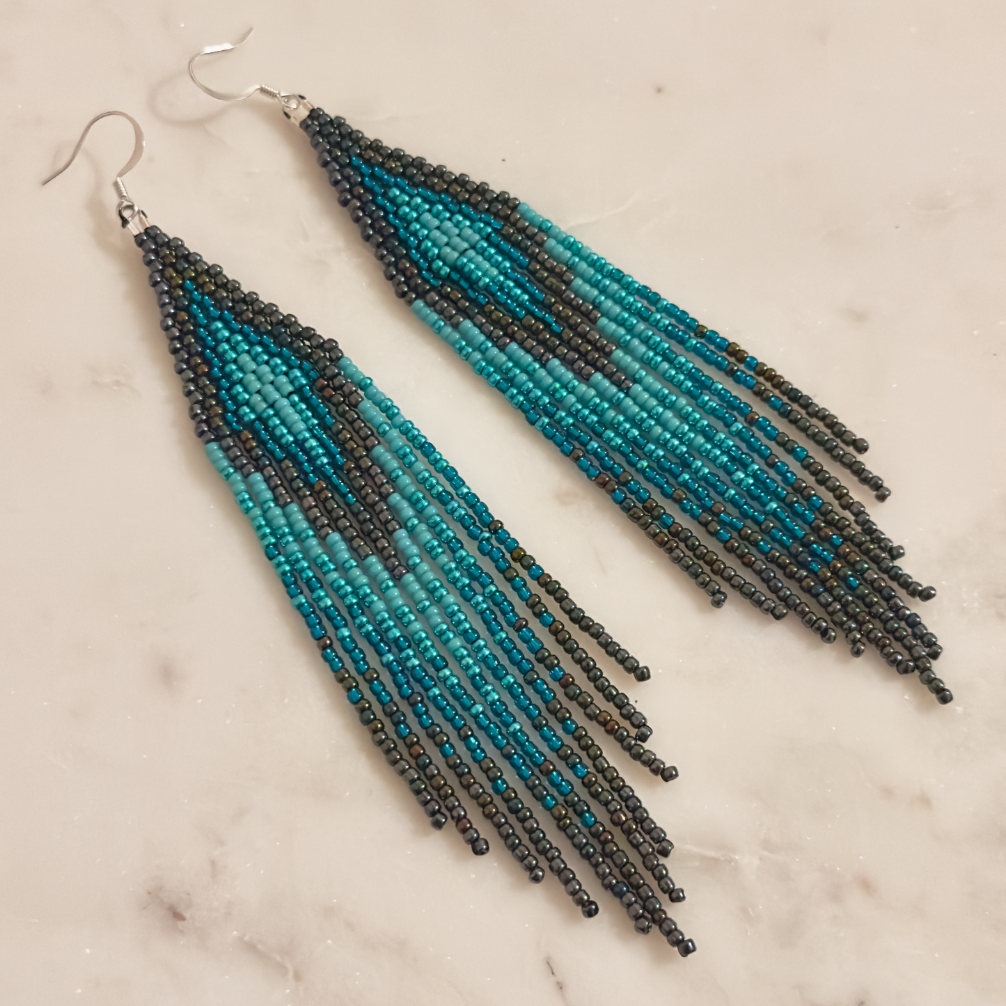 Rvfo Okholatte (Turquoise Winter) Brick Stitch Fringe Beaded Earrings
