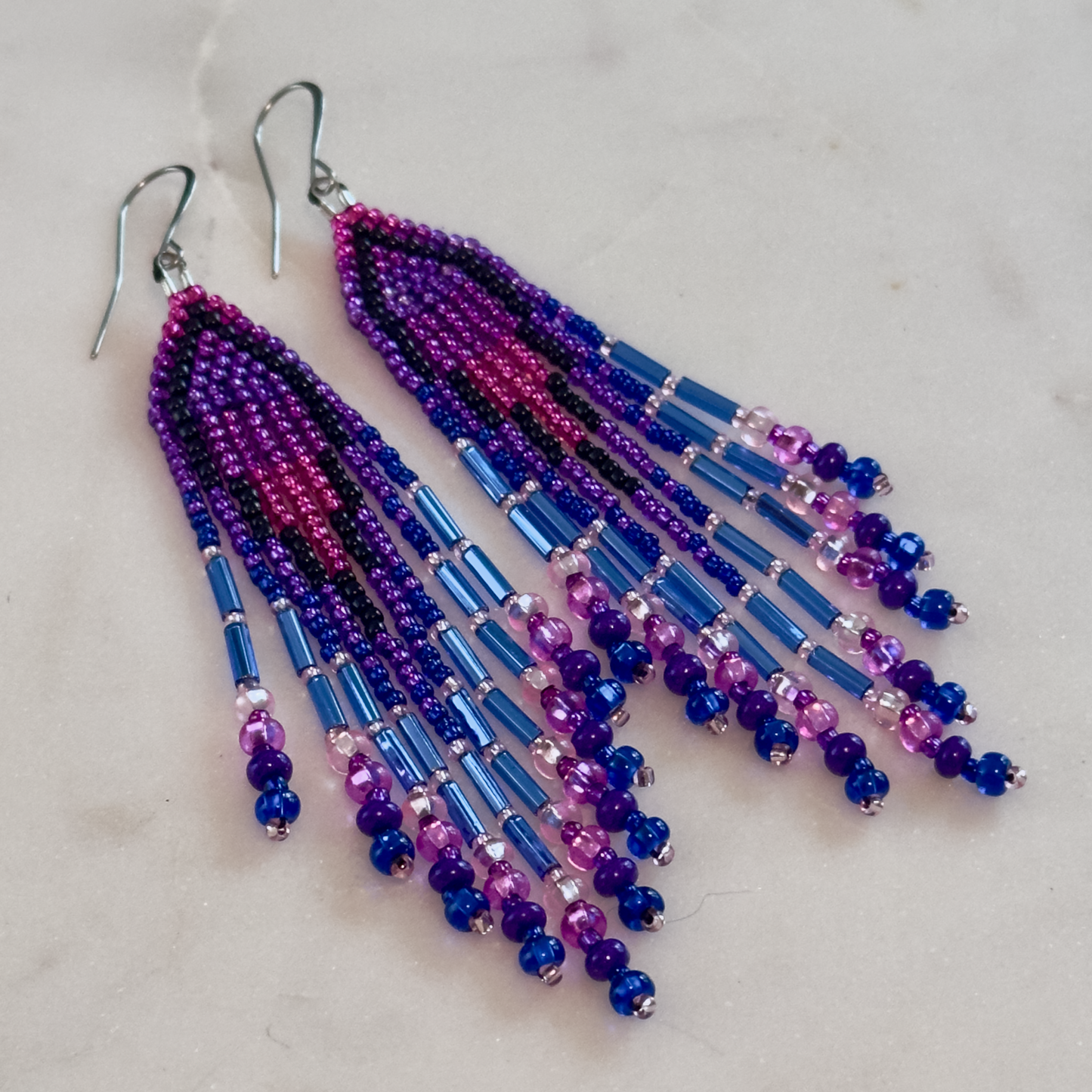 Yvfkē (Dusk) Brick Stitch Fringe Beaded Earrings