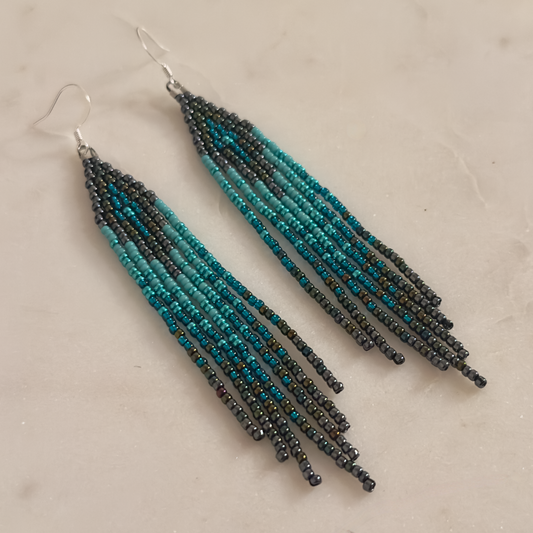 Rvfo Okholatte (Turquoise Winter) (Minis) Brick Stitch Fringe Beaded Earrings